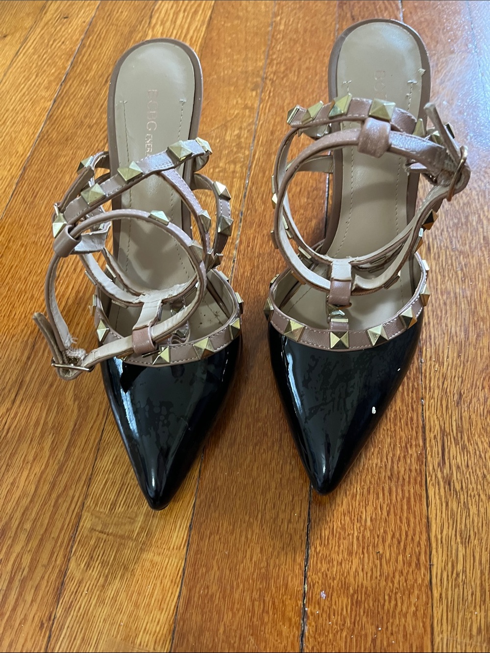 BCBGeneration Black Patent Pointed Toe Studded Slingback Mules